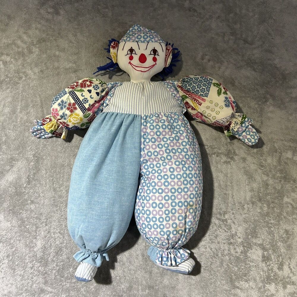 Vtg 30" Handmade Fabric Cloth Clown Rag Doll Homemade Embroidery Face Stuffed
